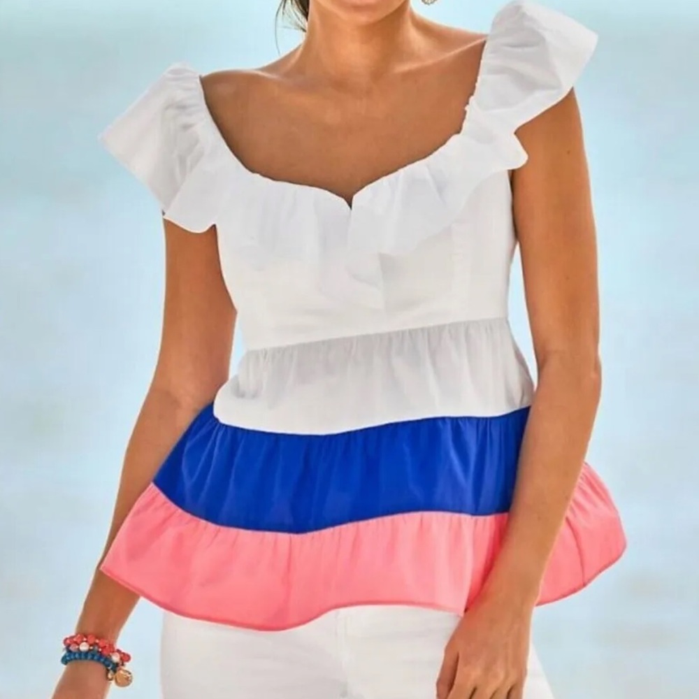 Lilly Pulitzer Emie Ruffle Top Resort White Color-Block Size 4 NWT